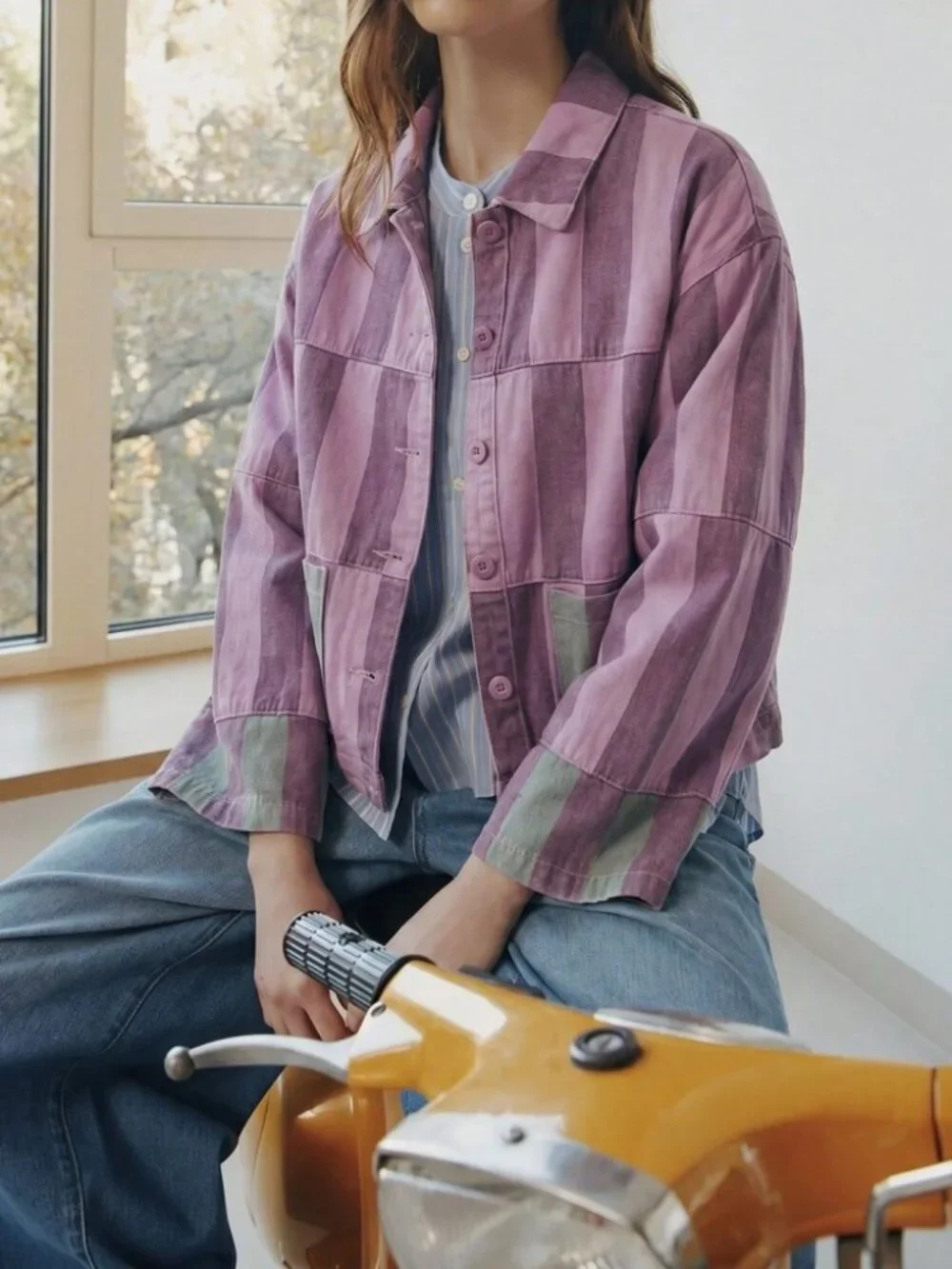 Mauve Pink Patchwork Denim Jacket with Contrast Trim